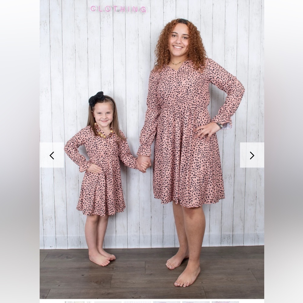 Marie Nicole Mom and Me Cheetah V neck Long Sleeve Dress with Cuffed wrist